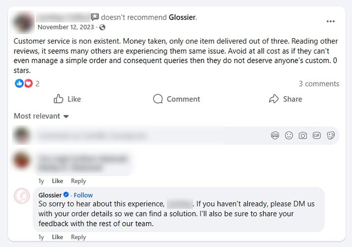 glossier-response-to-negative-review-fulfillment-issue